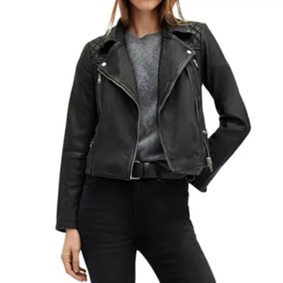 AllSaints cargo distressed leather moto jacket black 4 - Picture 2 of 13